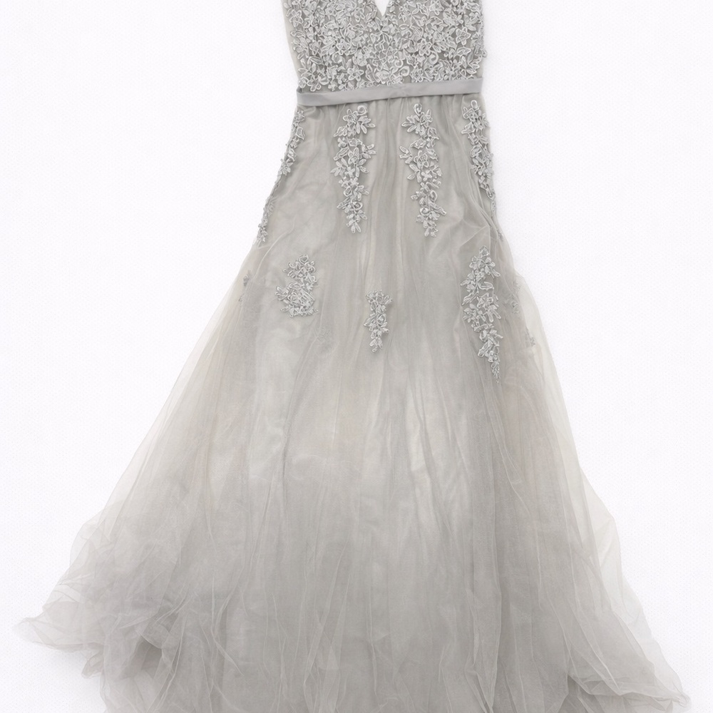 Elegant Gray Tulle & Lace Embellished Gown